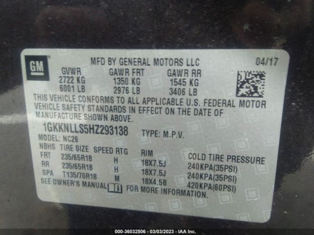 1GKKNLLS5HZ293138 GMC ACADIA SLE