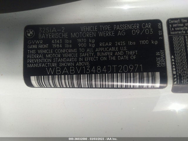 2004 BMW 3 SERIES 325CI VIN: WBABV13484JT20971