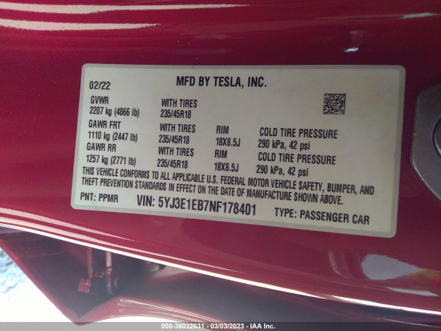 2022 TESLA MODEL 3 LONG RANGE VIN: 5YJ3E1EB7NF178401