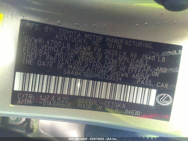 58ABK1GG0HU039594 Lexus Es Es 350