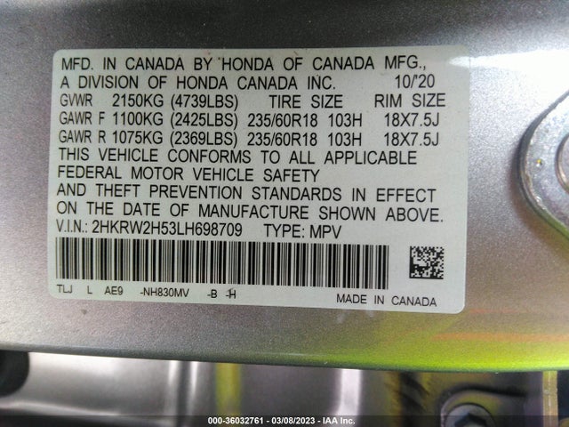 Honda CR-V EX 2020 2HKRW2H53LH698709 Image 9