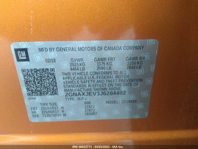 2018 Chevrolet Equinox, VIN: 2GNAXJEV3J6284492