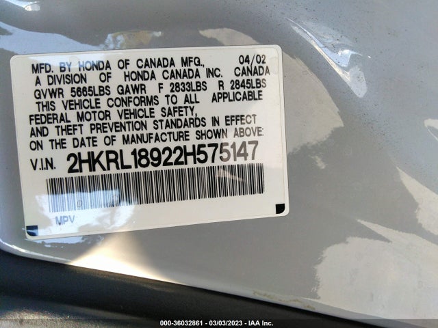2002 HONDA ODYSSEY EX-L W/LEATHER VIN: 2HKRL18922H575147