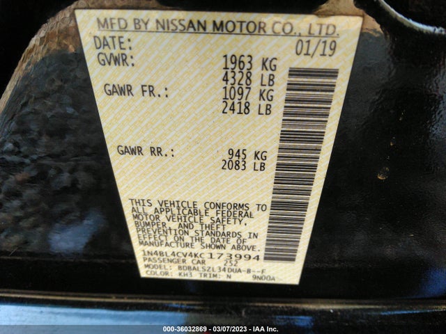 2019 NISSAN ALTIMA 2.5 SR VIN: 1N4BL4CV4KC173994