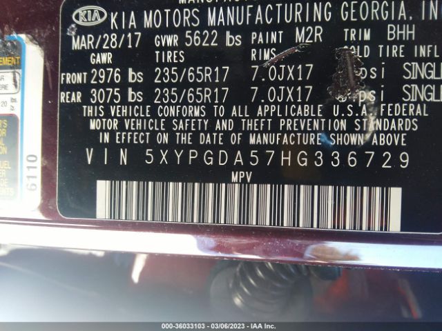5XYPGDA57HG336729 KIA Sorento 3.3l Lx