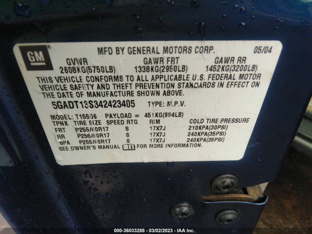 2004 BUICK RAINIER CXL PLUS VIN: 5GADT13S342423405