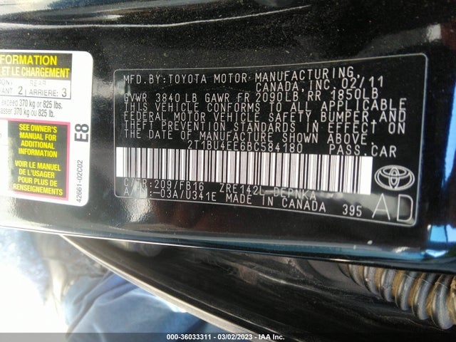 2011 TOYOTA COROLLA L/LE/S VIN: 2T1BU4EE6BC584180