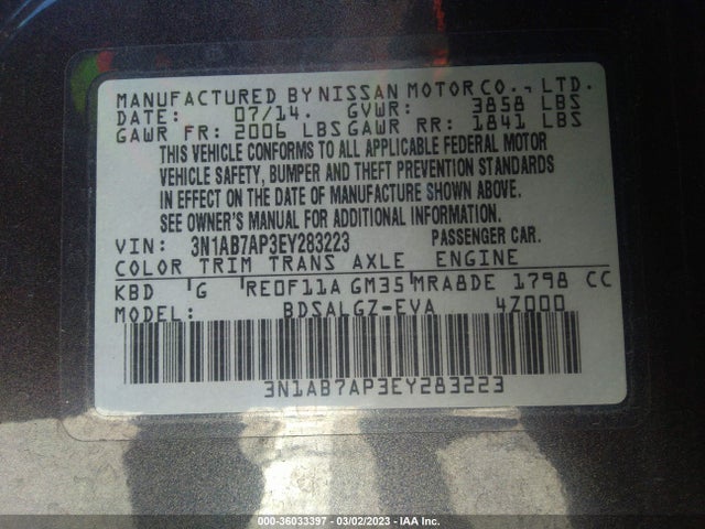 2014 NISSAN SENTRA SL VIN: 3N1AB7AP3EY283223