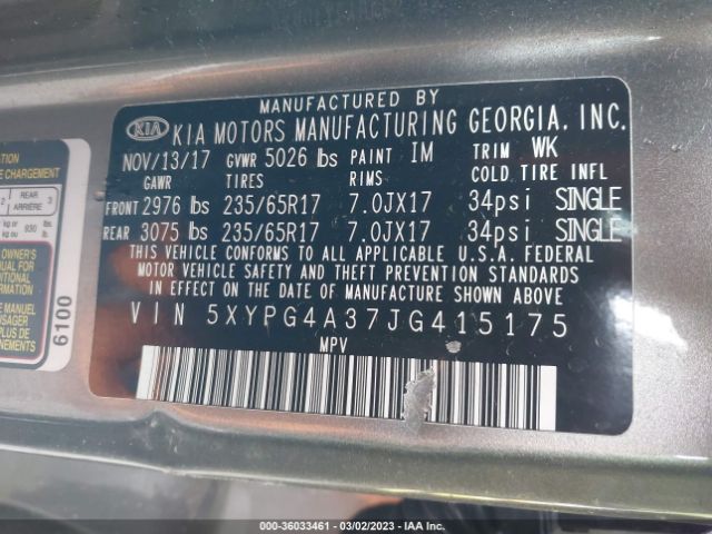 5XYPG4A37JG415175 KIA SORENTO L