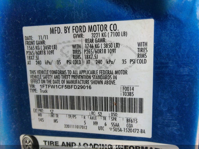 2011 FORD F-150 XL/XLT/FX2/LARIAT VIN: 1FTFW1CF5BFD29016