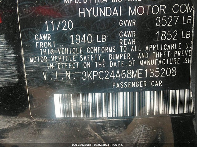2021 HYUNDAI ACCENT SE VIN: 3KPC24A68ME135208
