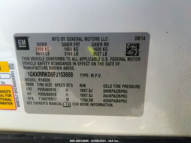 1GKKRRKD6FJ153668 GMC ACADIA SLT