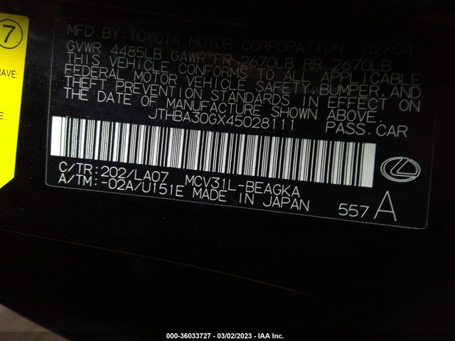 2004 LEXUS ES 330 VIN: JTHBA30GX45028111