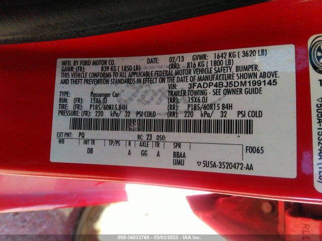 2013 FORD FIESTA SE VIN: 3FADP4BJ5DM199145