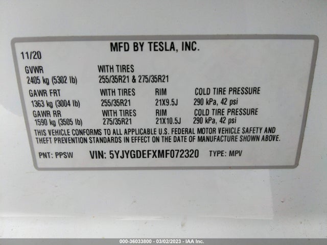 Tesla Model Y Performance 2021 5YJYGDEFXMF072320 Image 9
