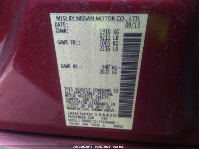2014 NISSAN ALTIMA 2.5 SV VIN: 1N4AL3AP4EC134420