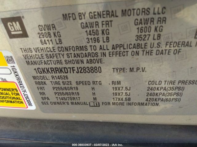 1GKKRRKD7FJ283880 GMC ACADIA SLT