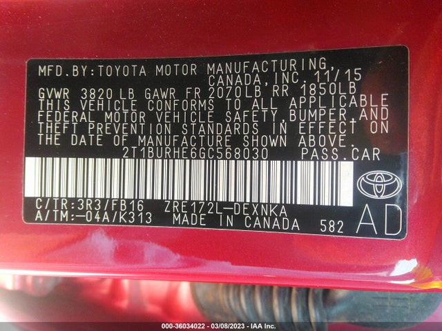 2016 TOYOTA COROLLA L/LE/S/S PLUS/LE PLUS VIN: 2T1BURHE6GC568030