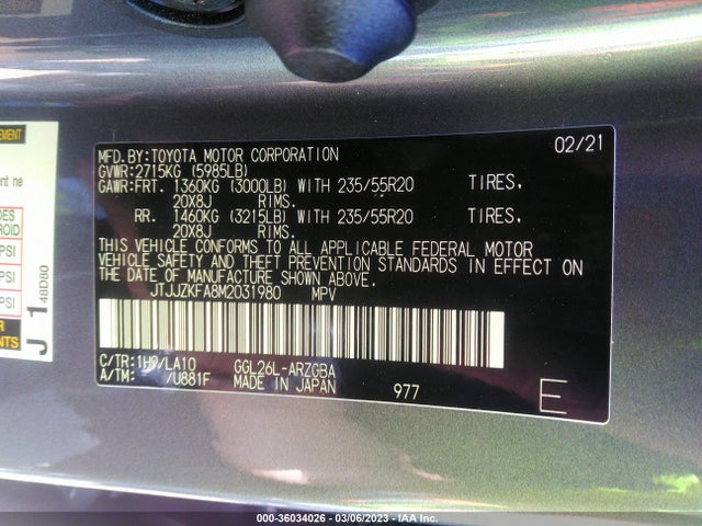 2021 Lexus RX, VIN: JTJJZKFA8M2031980