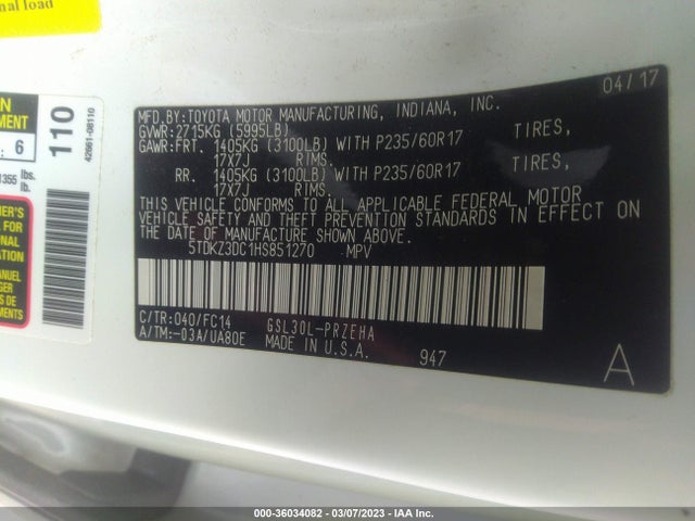 2017 TOYOTA SIENNA LE VIN: 5TDKZ3DC1HS851270