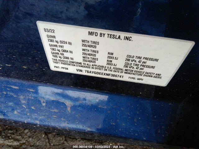 2022 Tesla Model Y, VIN: 7SAYGDEEXNF386741
