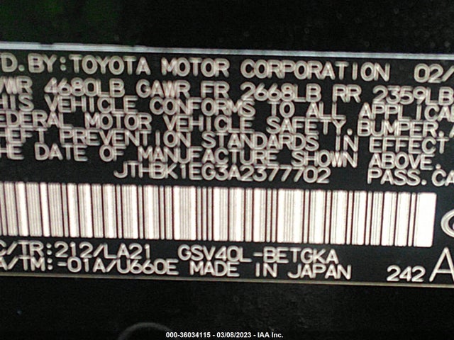 JTHBK1EG3A2377702 Lexus ES 350