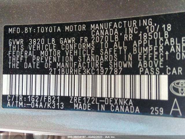 2019 TOYOTA COROLLA L/LE/SE/XLE/XSE VIN: 2T1BURHE3KC197787