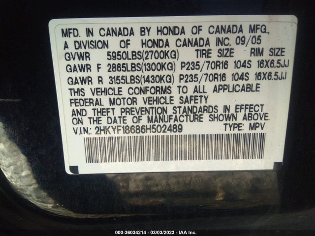 2006 HONDA PILOT EX-L WITH RES VIN: 2HKYF18686H502489