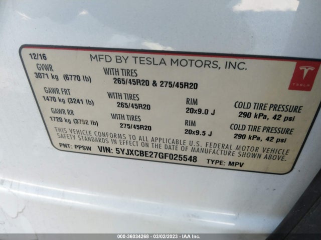 Tesla Model X 70d/90d/75d/60d/p100d 2016 5YJXCBE27GF025548 Image 9
