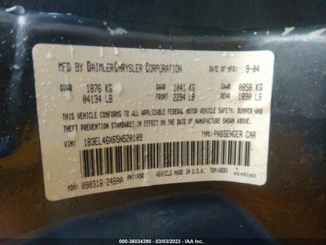 Dodge Stratus Sdn Sxt 2005 1B3EL46X65N520109 Image 10