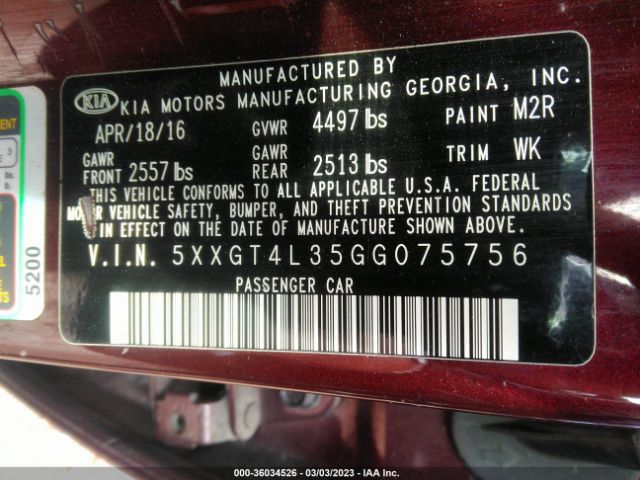 5XXGT4L35GG075756 KIA Optima Lx