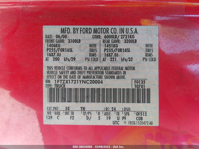 2000 FORD F-150 VIN: 1FTZX1721YNC20004