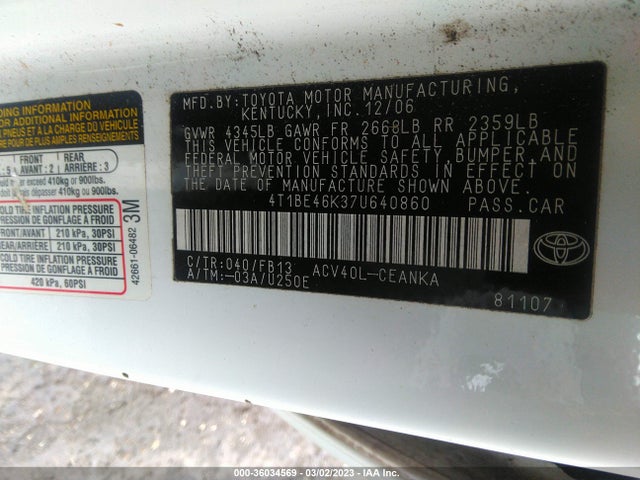 2007 TOYOTA CAMRY CE/LE/SE/XLE VIN: 4T1BE46K37U640860