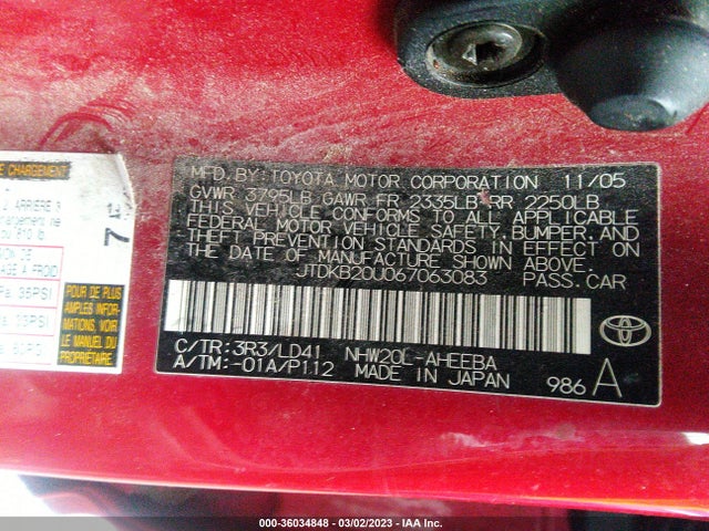 Auction sale of the 2006 Toyota Prius, vin: JTDKB20U067063083, lot number: 36034848