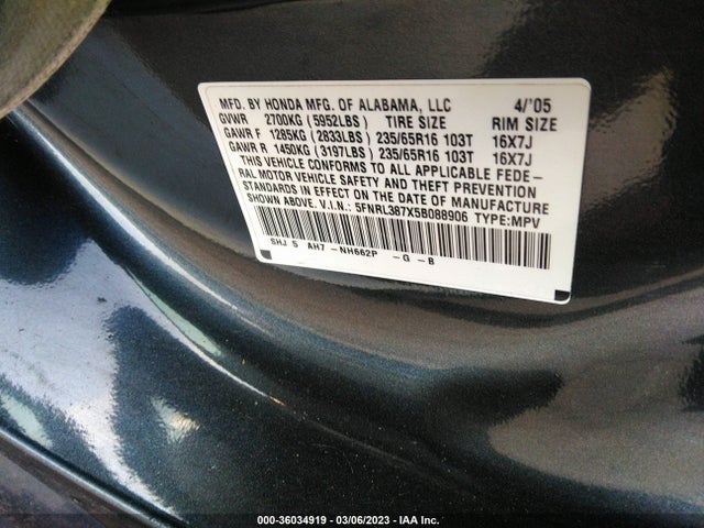 2005 HONDA ODYSSEY EX-L VIN: 5FNRL387X5B088906