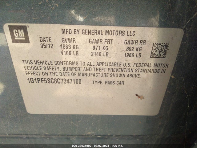 2012 CHEVROLET CRUZE LT W/1LT VIN: 1G1PF5SC8C7347100