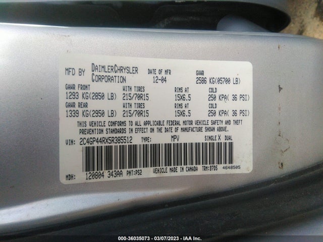 2005 CHRYSLER TOWN & COUNTRY LX VIN: 2C4GP44RX5R385512