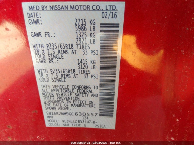 2016 NISSAN PATHFINDER SV VIN: 5N1AR2MM9GC630557