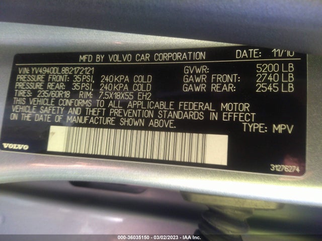 Volvo Xc60 3.2l 2011 YV4940DL8B2172121 Image 10