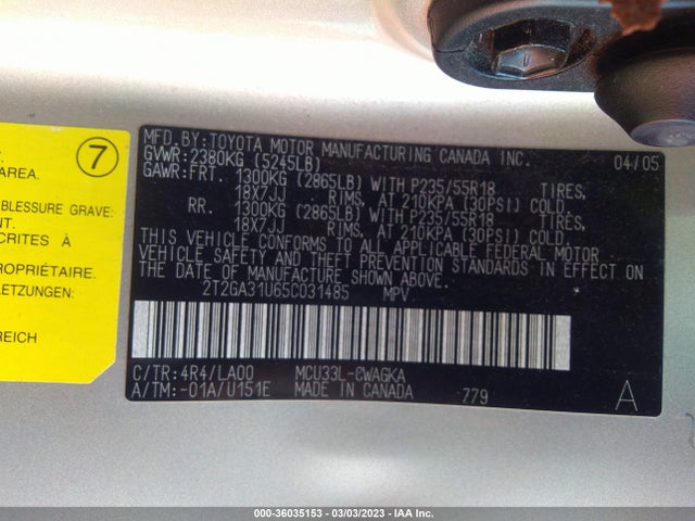 2005 LEXUS RX 330 VIN: 2T2GA31U65C031485
