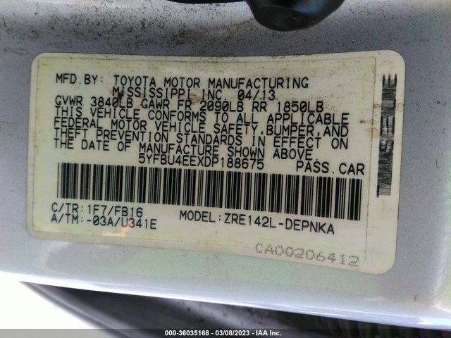 2013 TOYOTA COROLLA L/LE/S VIN: 5YFBU4EEXDP188675
