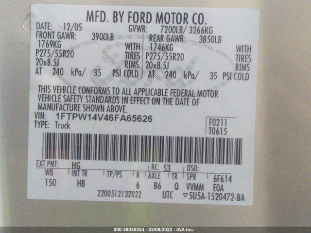 2006 FORD F-150 XLT/FX4/LARIAT/KING RANCH VIN: 1FTPW14V46FA65626