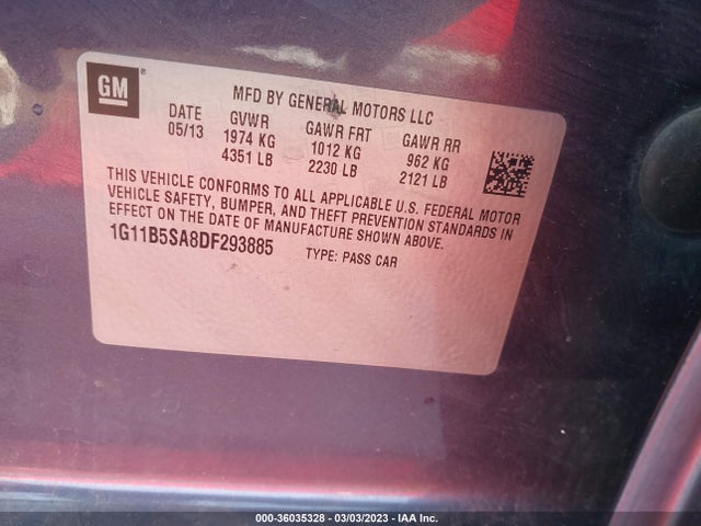 2013 CHEVROLET MALIBU LS VIN: 1G11B5SA8DF293885
