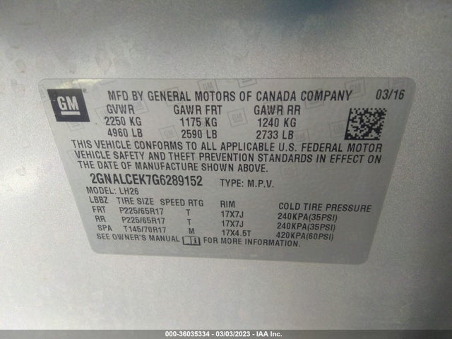 Chevrolet EQUINOX LT 2016 2GNALCEK7G6289152 Image 10