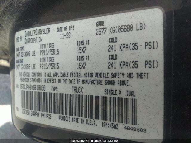 2000 DODGE DAKOTA SPORT/SLT VIN: 1B7GL2AN8YS618839