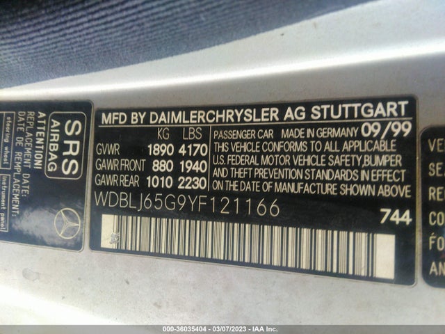 2000 MERCEDES-BENZ CLK-CLASS VIN: WDBLJ65G9YF121166