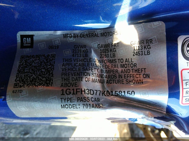 2019 CHEVROLET CAMARO 2SS VIN: 1G1FH3D77K0158150