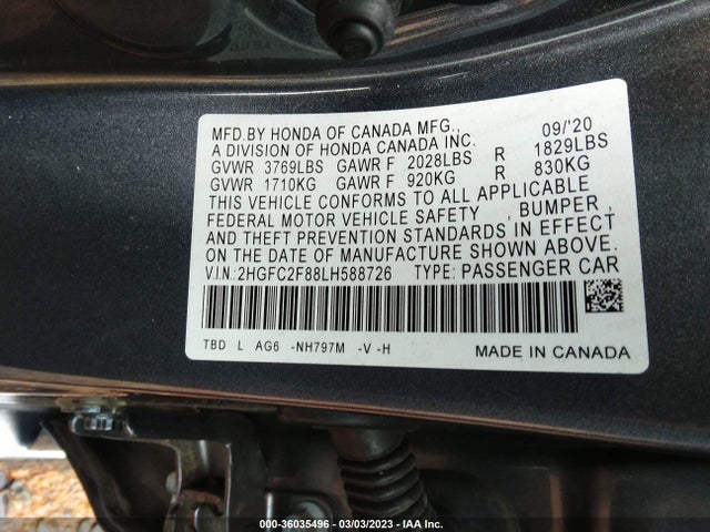 2020 HONDA CIVIC SEDAN SPORT VIN: 2HGFC2F88LH588726