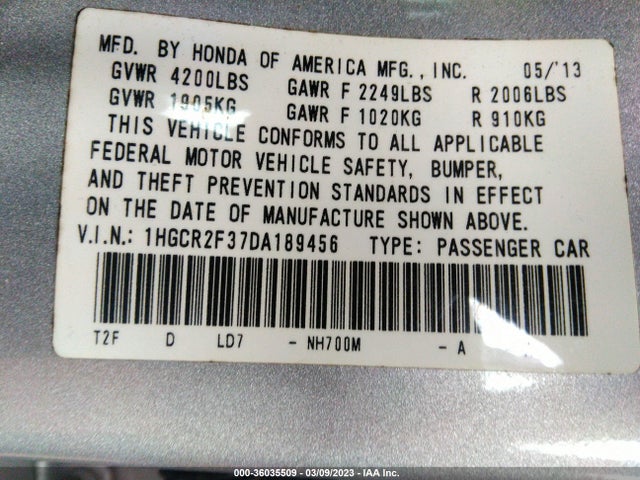 2013 HONDA ACCORD SDN LX VIN: 1HGCR2F37DA189456