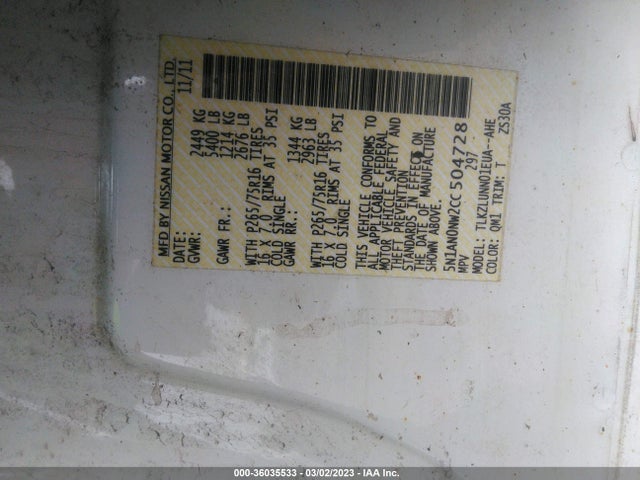 2012 NISSAN XTERRA PRO - 4X VIN: 5N1AN0NW2CC504728